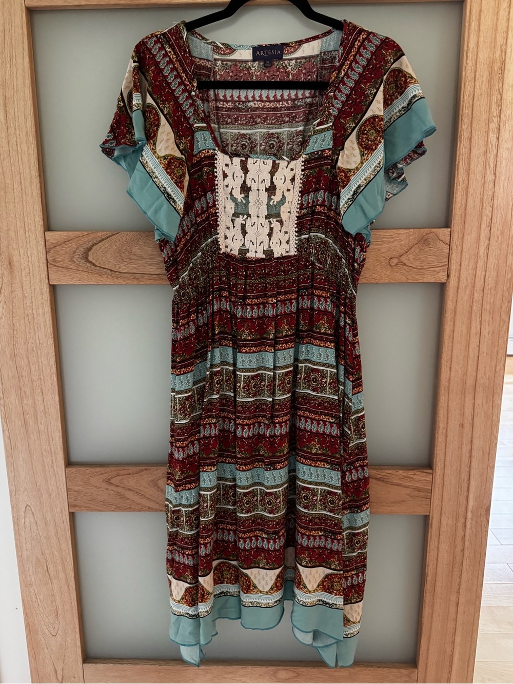 Boho Midi Dress in Teal and Burgundy
